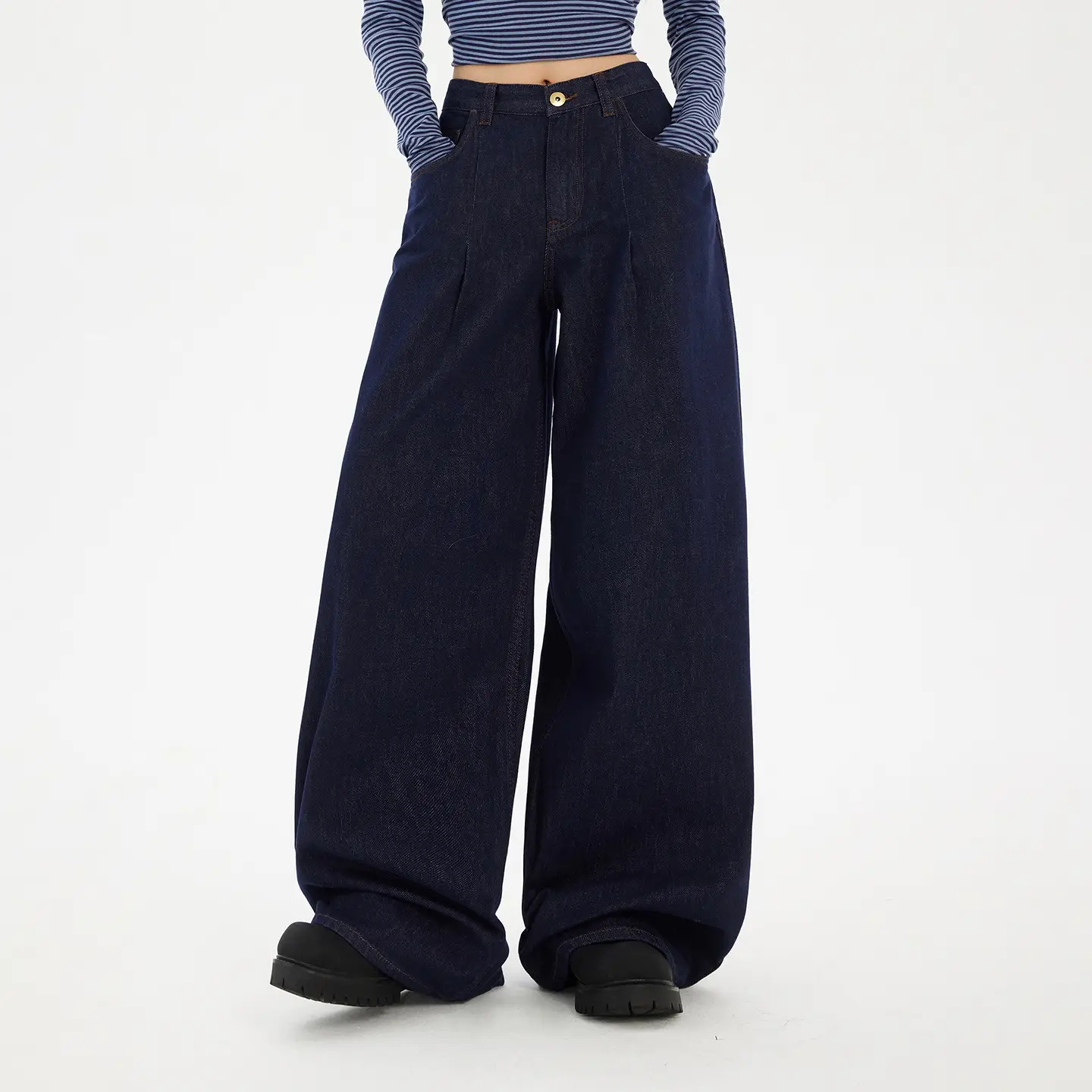 Women Wide Leg Jeans Dark Blue Slimming Drapey