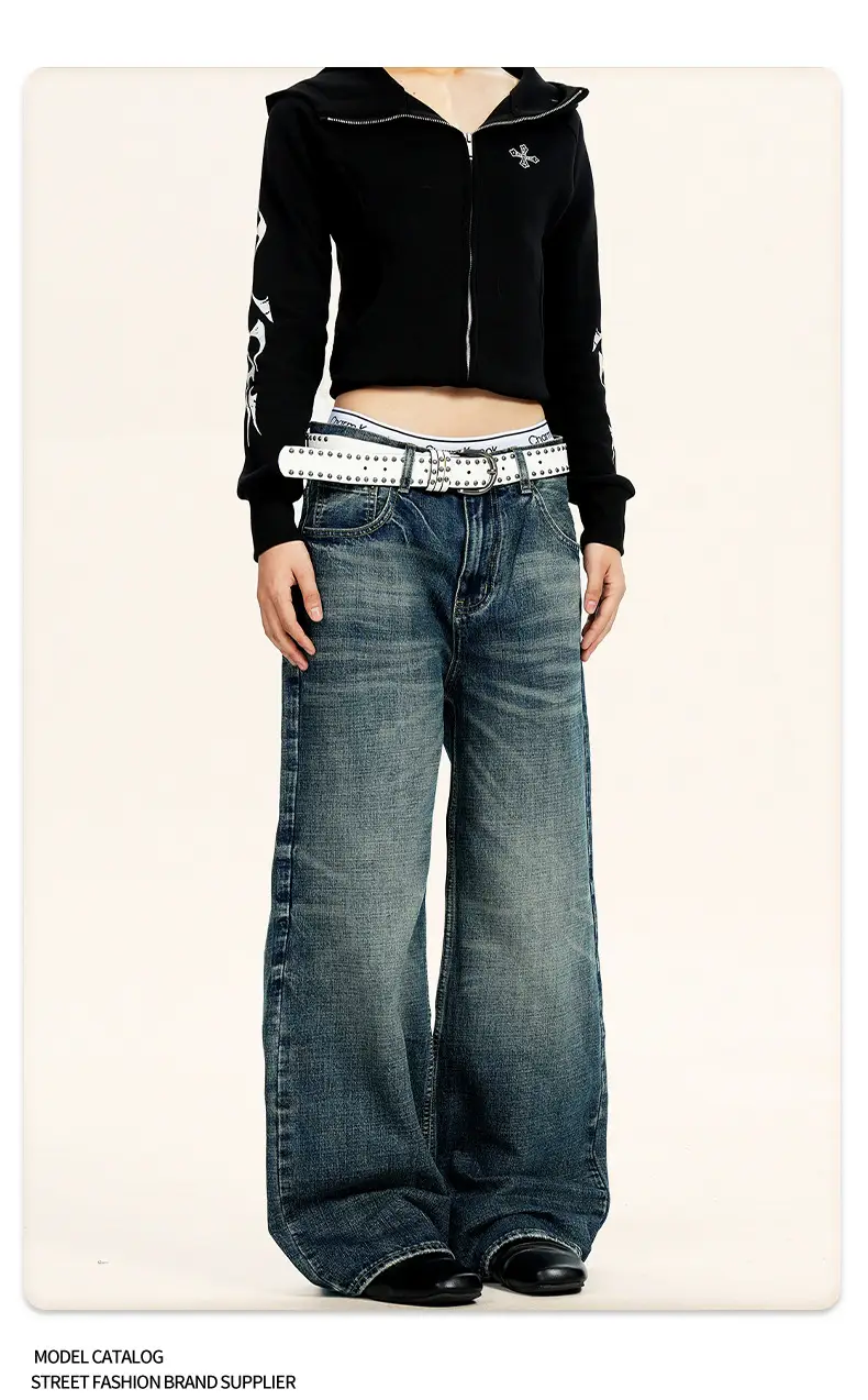 Men Wide Leg Pants Dark Blue Slim Fit Washable — feature 11