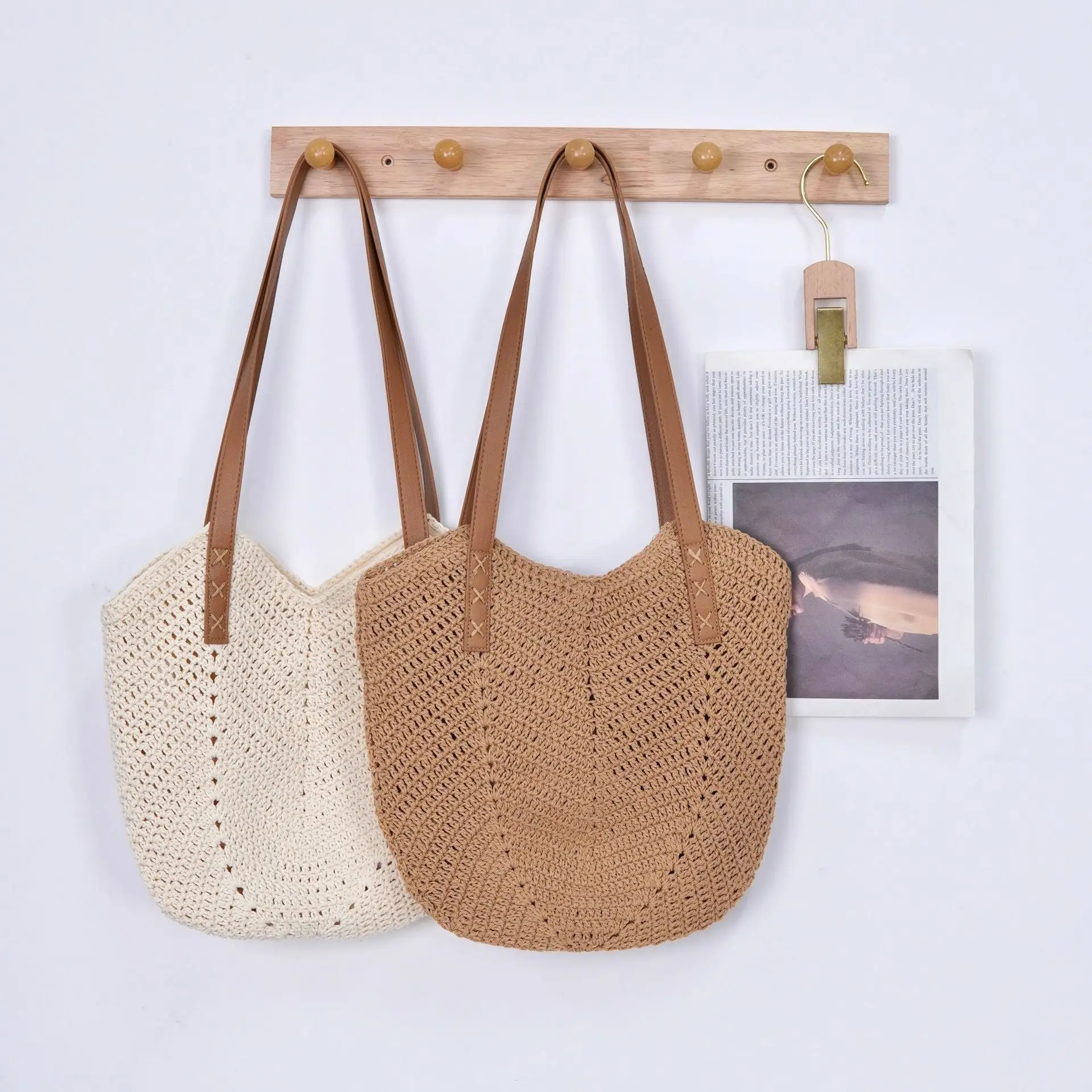 Women's Cut Out Woven Straw Tote Bag Beige 37cm - Image 5