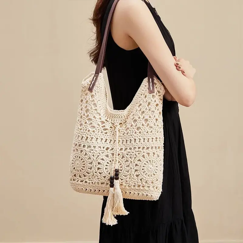 Women's Cut Out Woven Straw Tote Bag Beige 37cm - Image 6