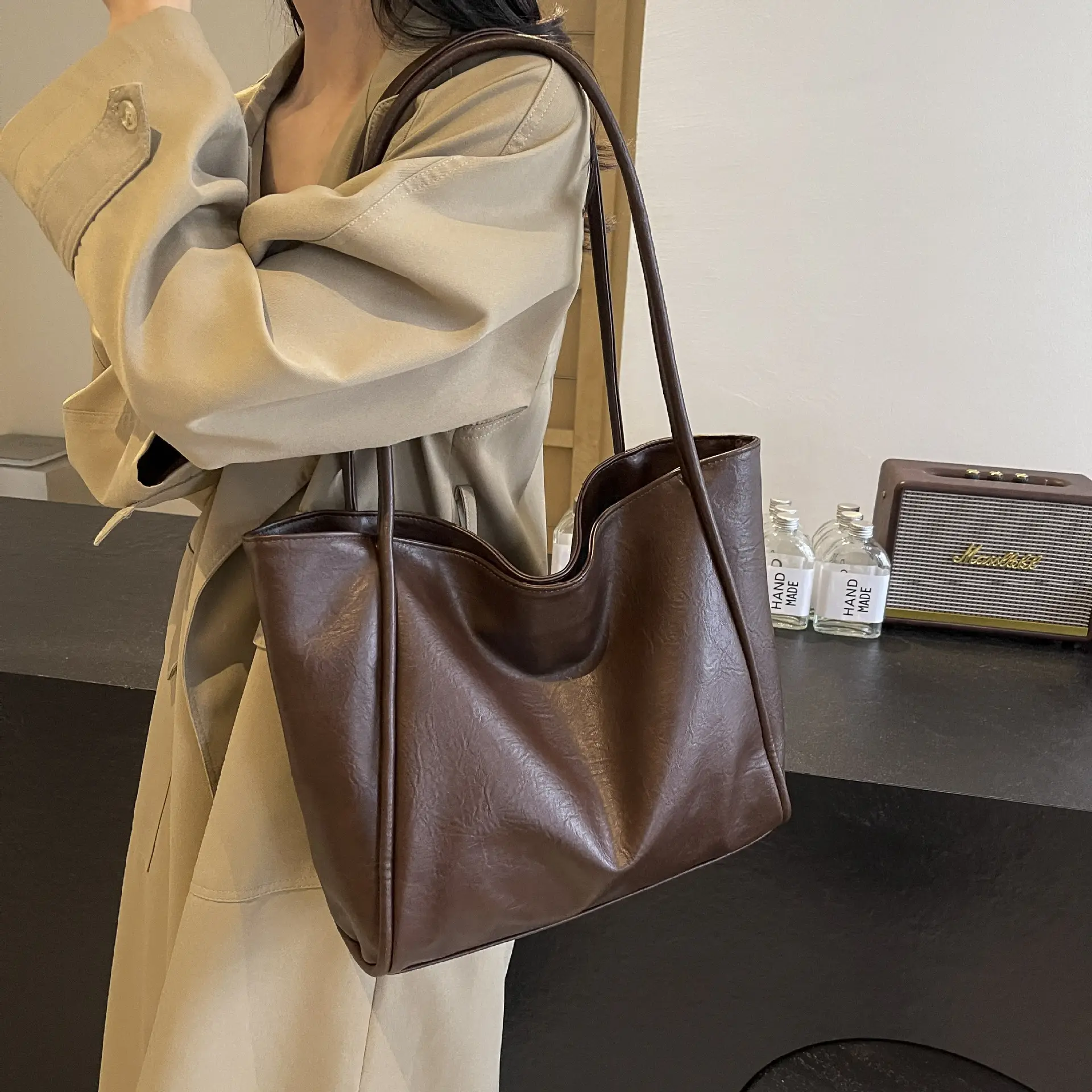 Women's Large Capacity Leather Tote Bag Brown 2025 - Image 8