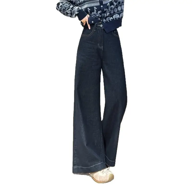 Wide Leg Pants Dark Blue Slimming Tencel with Lace Trim