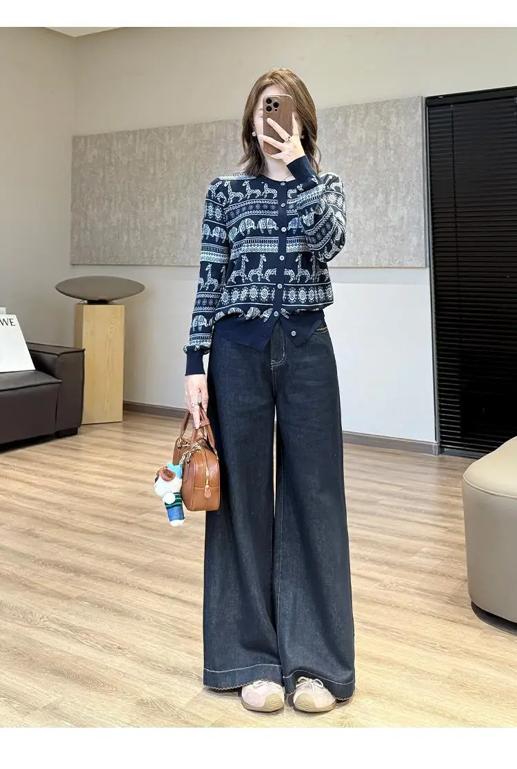 Wide Leg Pants Dark Blue Slimming Tencel with Lace Trim — feature 11