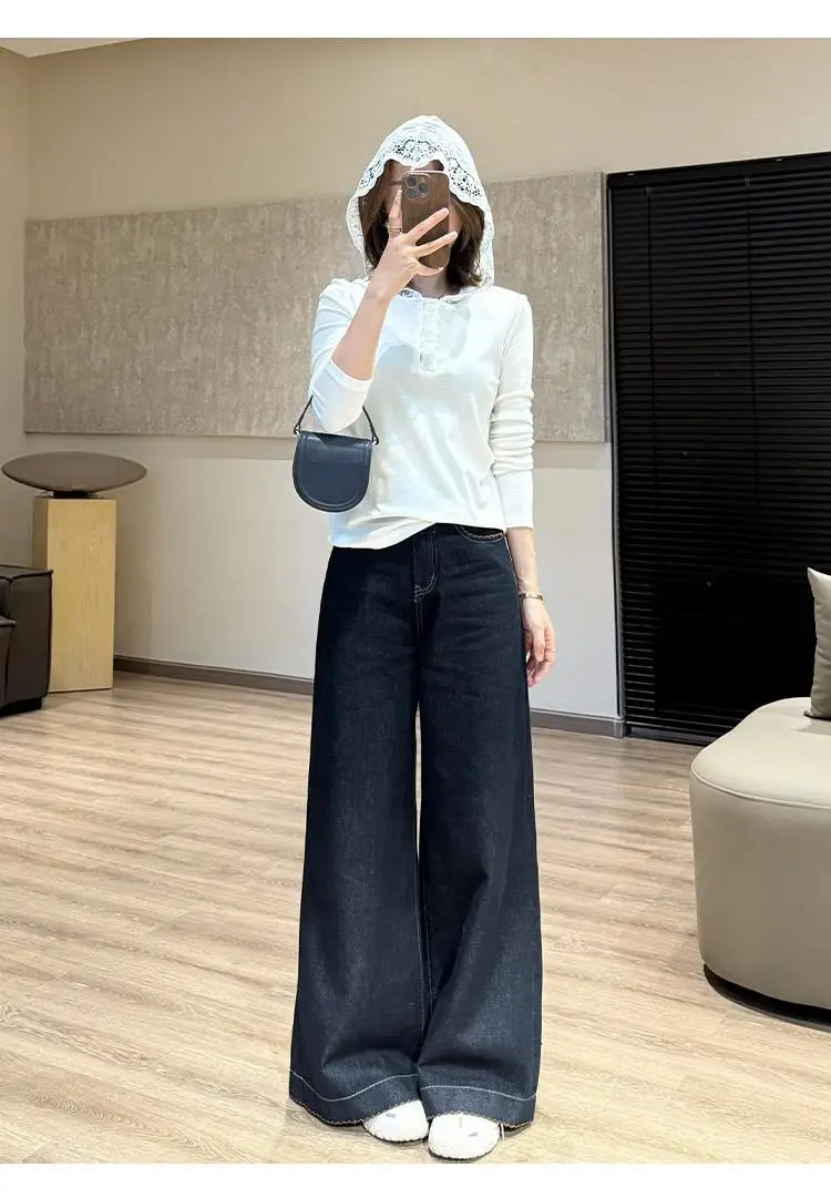 Wide Leg Pants Dark Blue Slimming Tencel with Lace Trim — feature 12