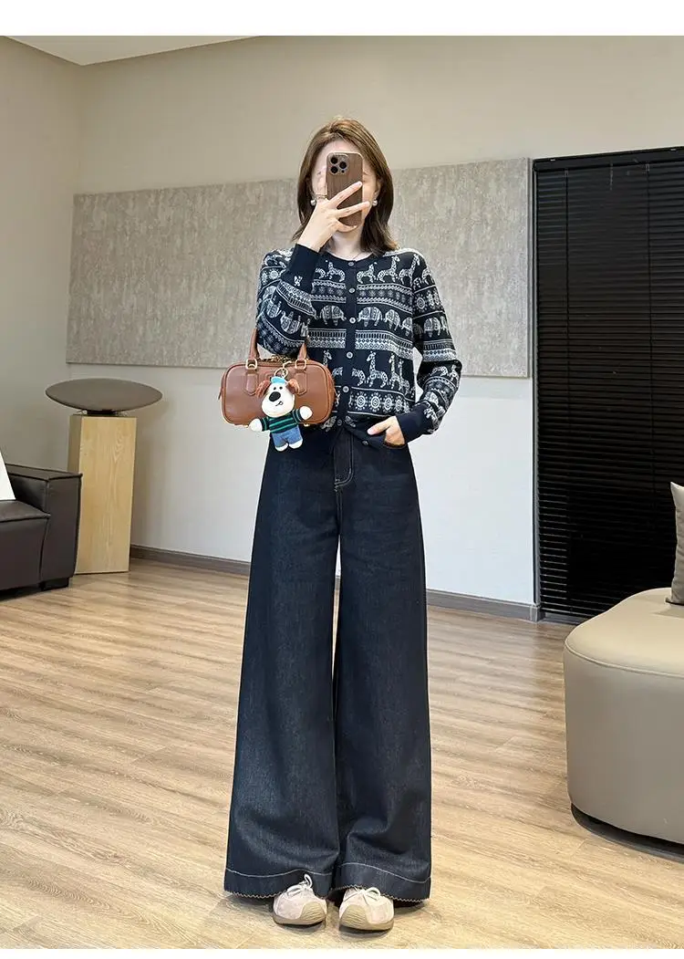 Wide Leg Pants Dark Blue Slimming Tencel with Lace Trim — feature 5