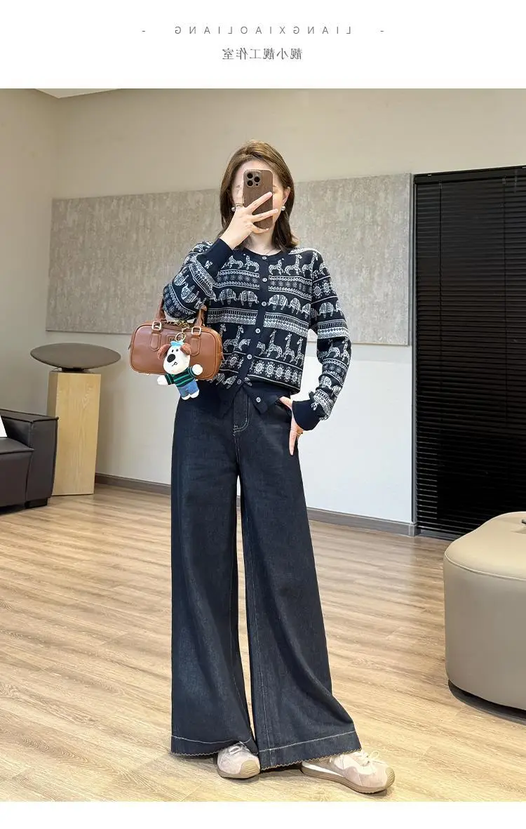 Wide Leg Pants Dark Blue Slimming Tencel with Lace Trim — feature 6