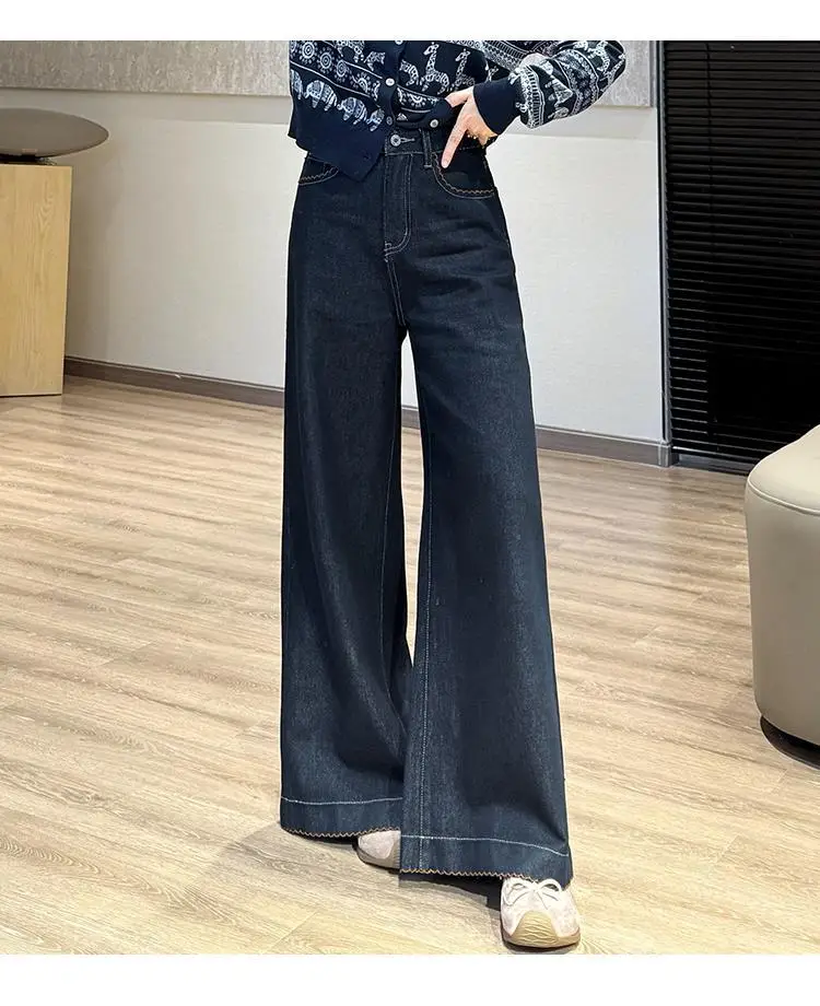 Wide Leg Pants Dark Blue Slimming Tencel with Lace Trim — feature 7