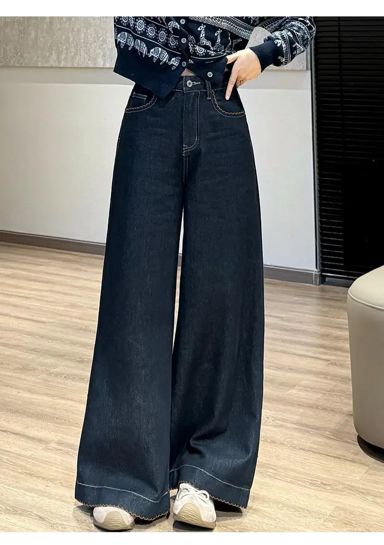Wide Leg Pants Dark Blue Slimming Tencel with Lace Trim — feature 8
