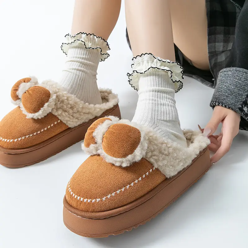 Pink Bow Cotton Slippers for Women Winter Warm Indoor - Image 6