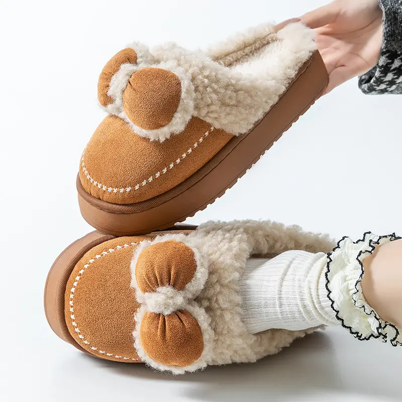Pink Bow Cotton Slippers for Women Winter Warm Indoor - Image 7