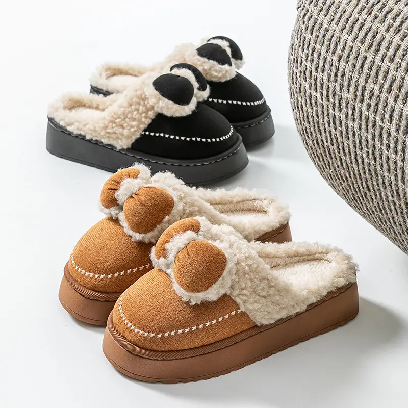 Pink Bow Cotton Slippers for Women Winter Warm Indoor - Image 8