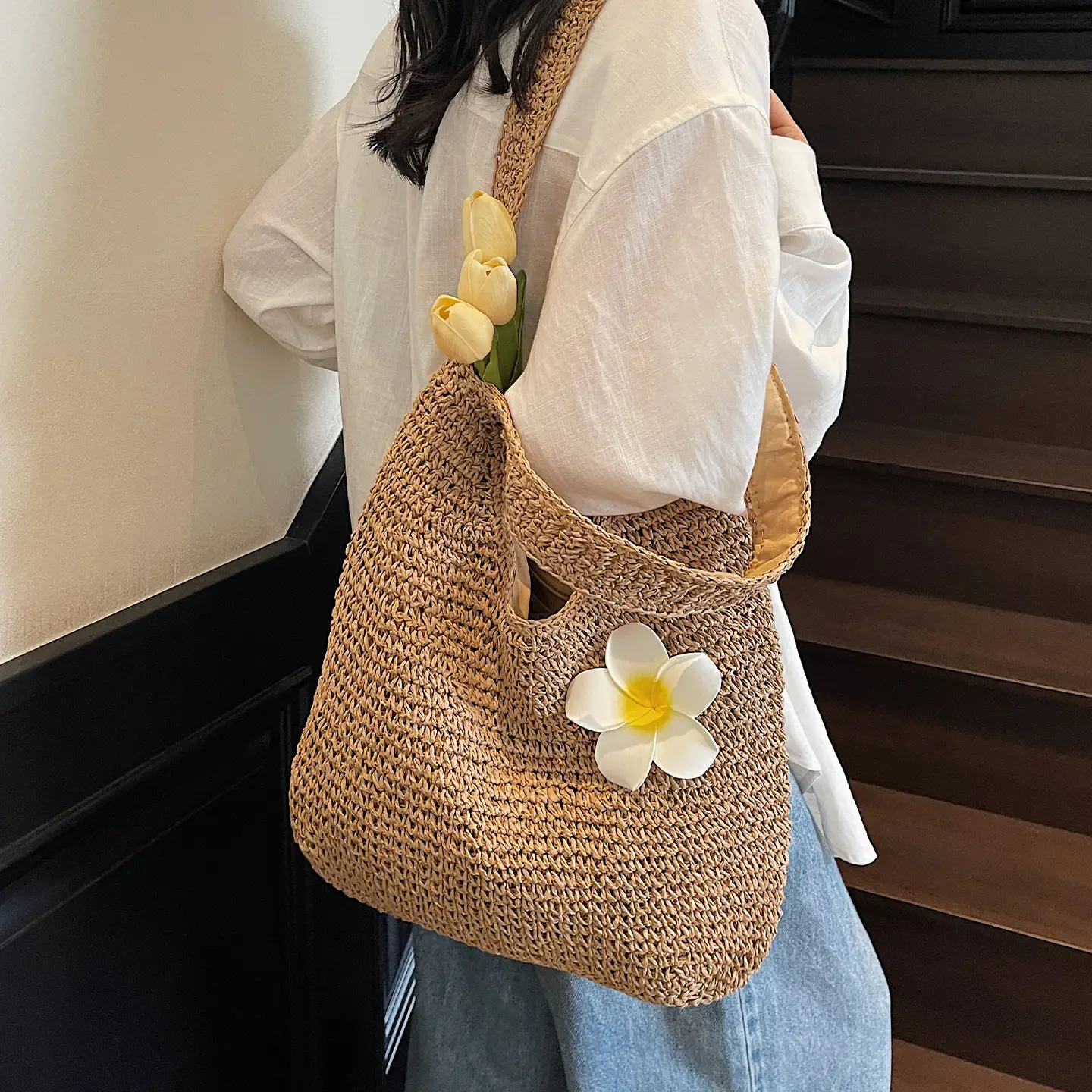 Women's Beige Woven Tote Bag 280g Extra Large - Image 6