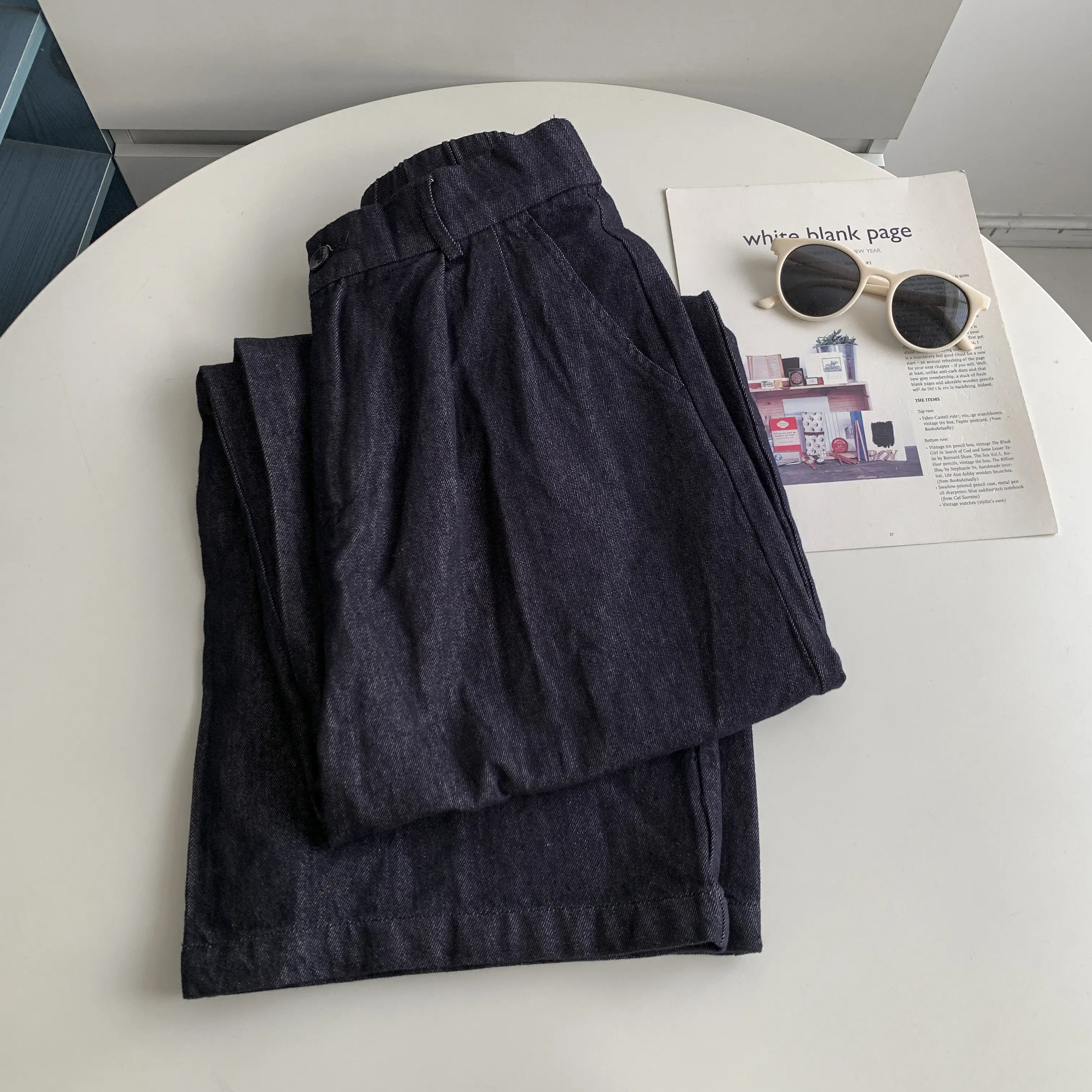 Retro Dark Blue Pure Cotton Banana Pants with Elastic Waist