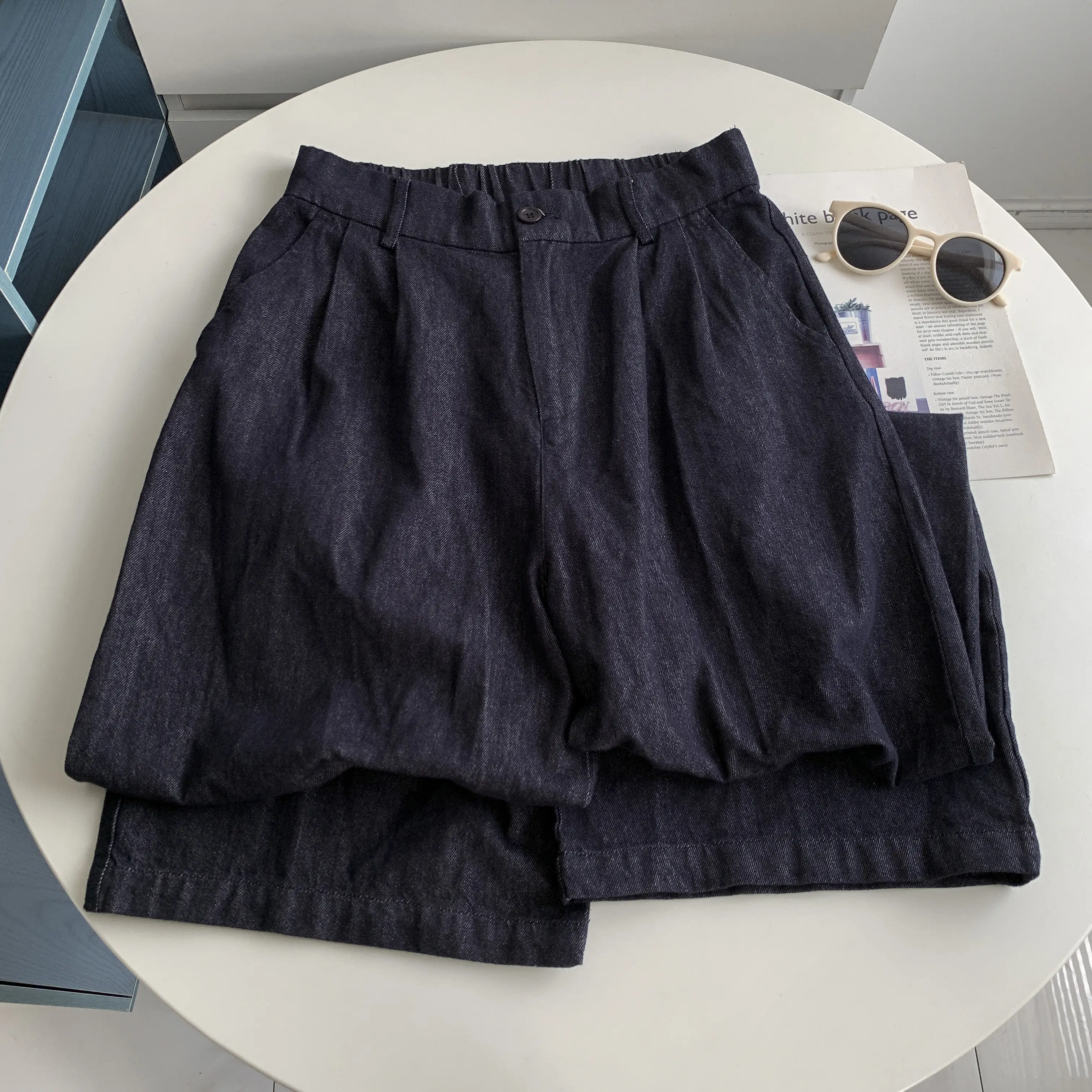 Retro Dark Blue Pure Cotton Banana Pants with Elastic Waist