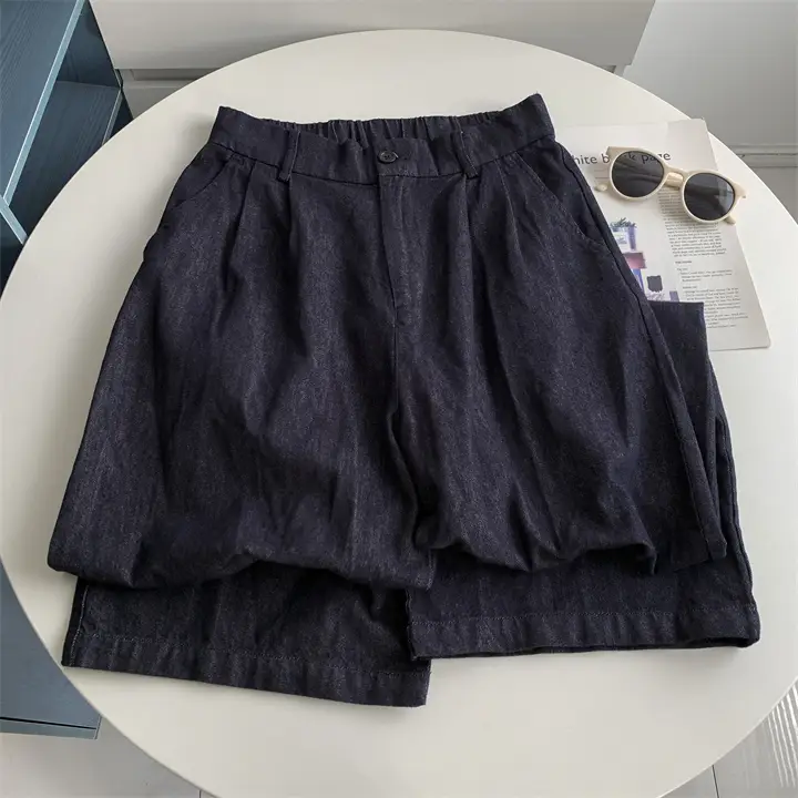 Retro Dark Blue Pure Cotton Banana Pants with Elastic Waist — feature 10