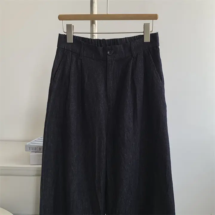 Retro Dark Blue Pure Cotton Banana Pants with Elastic Waist — feature 3