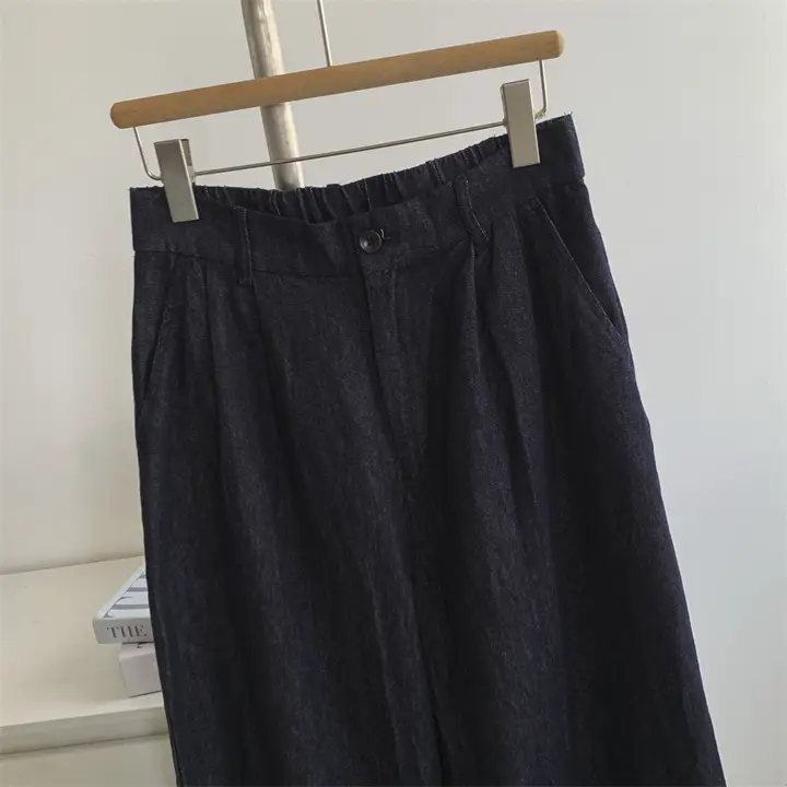 Retro Dark Blue Pure Cotton Banana Pants with Elastic Waist — feature 4