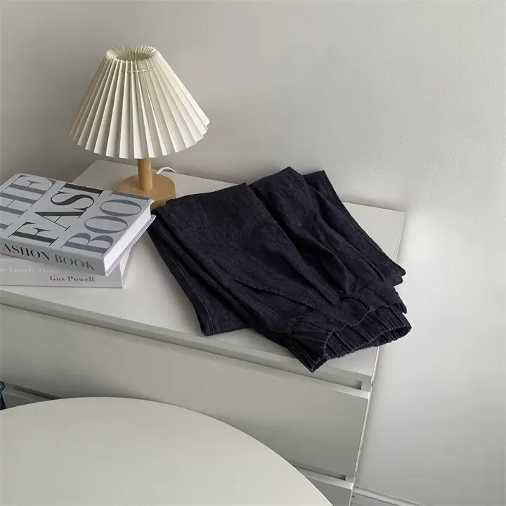 Retro Dark Blue Pure Cotton Banana Pants with Elastic Waist — feature 6