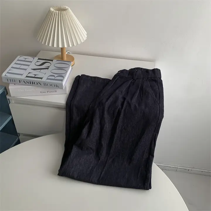 Retro Dark Blue Pure Cotton Banana Pants with Elastic Waist — feature 7