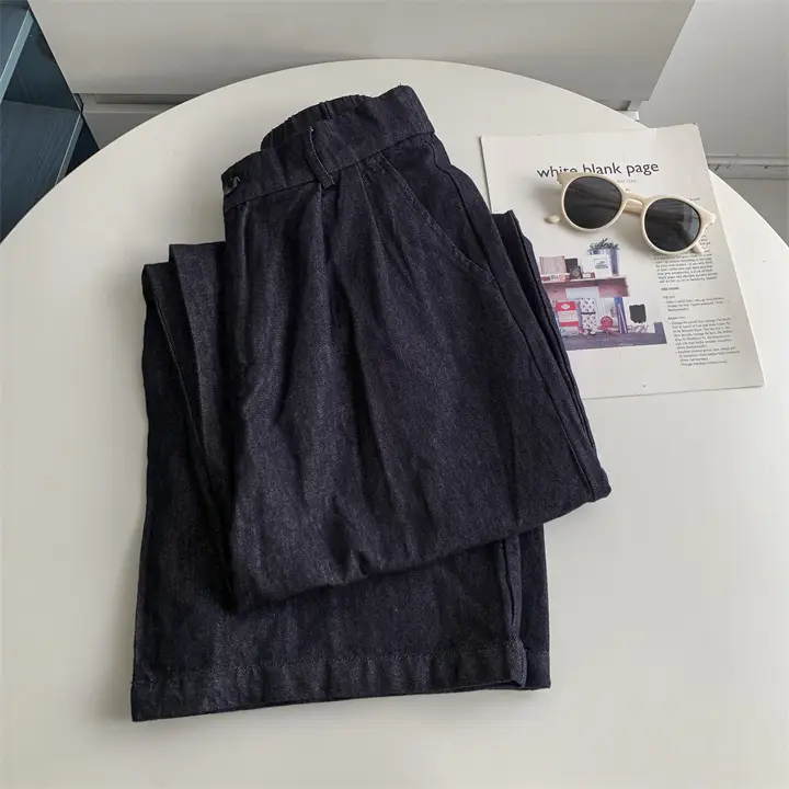 Retro Dark Blue Pure Cotton Banana Pants with Elastic Waist — feature 8