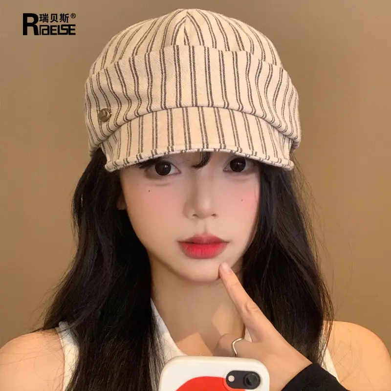 Women Japanese Retro Linen Duckbill Cap Brown Striped - Image 4