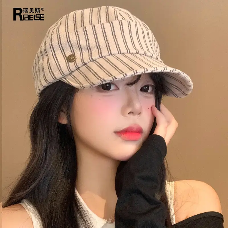 Women Japanese Retro Linen Duckbill Cap Brown Striped - Image 5