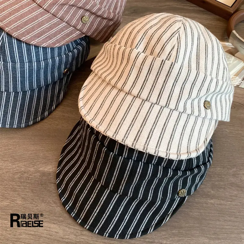 Women Japanese Retro Linen Duckbill Cap Brown Striped - Image 6