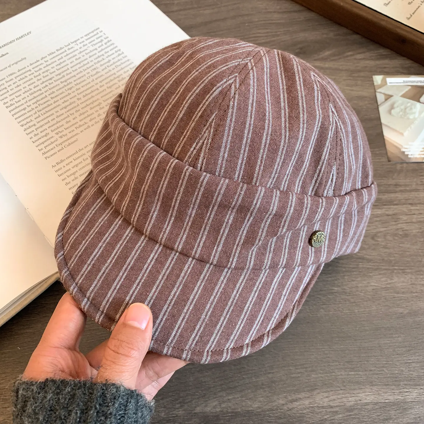 Women Japanese Retro Linen Duckbill Cap Brown Striped - Image 8