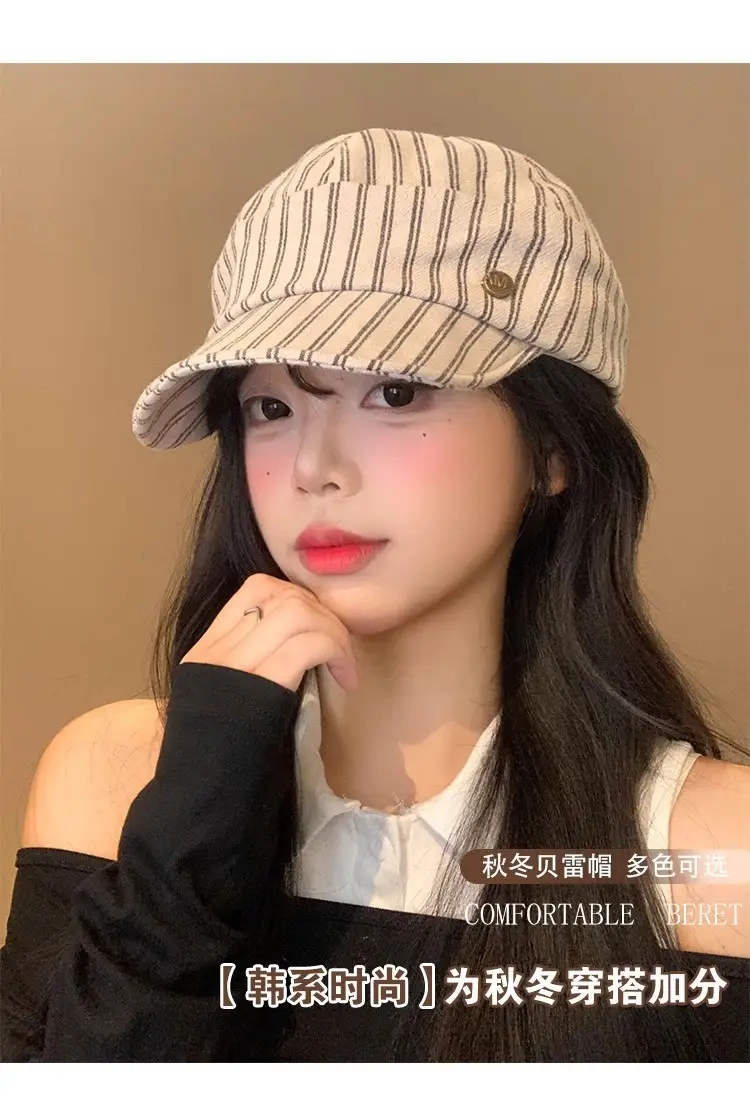 Women Japanese Retro Linen Duckbill Cap Brown Striped — feature 10