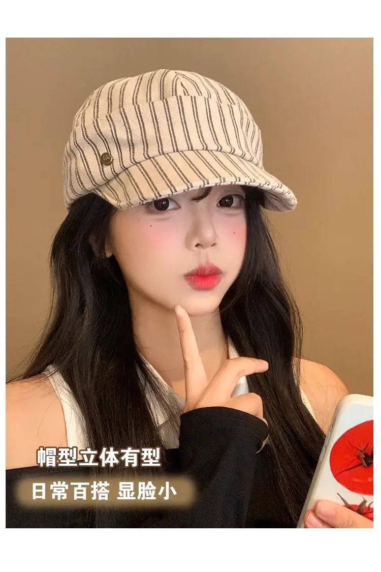 Women Japanese Retro Linen Duckbill Cap Brown Striped — feature 11