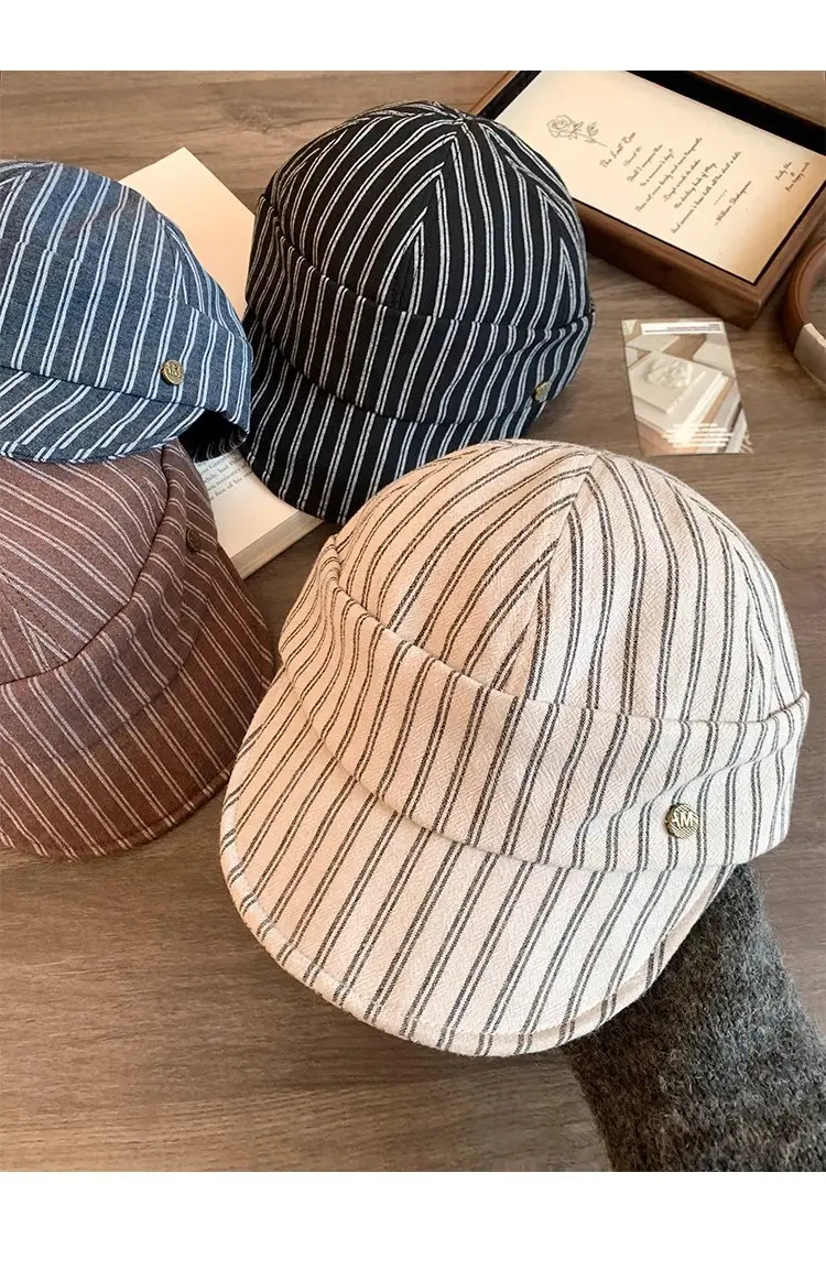 Women Japanese Retro Linen Duckbill Cap Brown Striped — feature 12