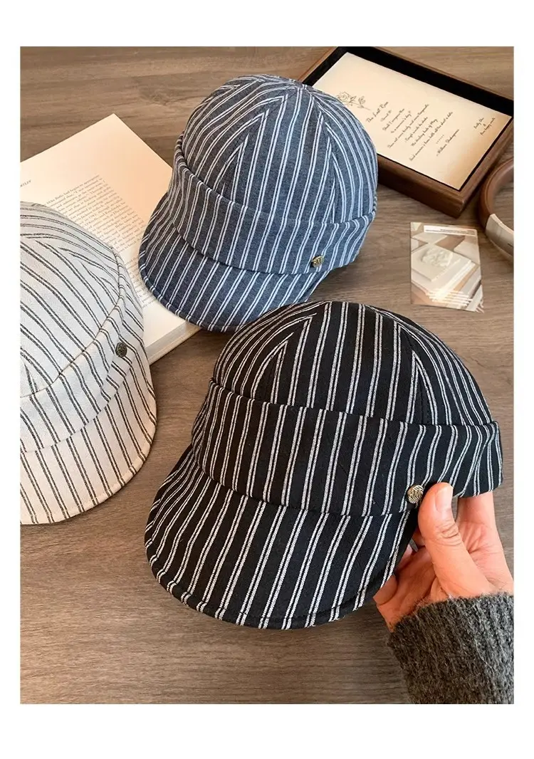Women Japanese Retro Linen Duckbill Cap Brown Striped — feature 13