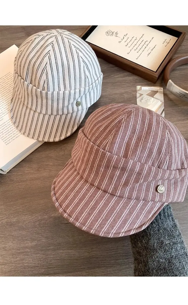 Women Japanese Retro Linen Duckbill Cap Brown Striped — feature 14