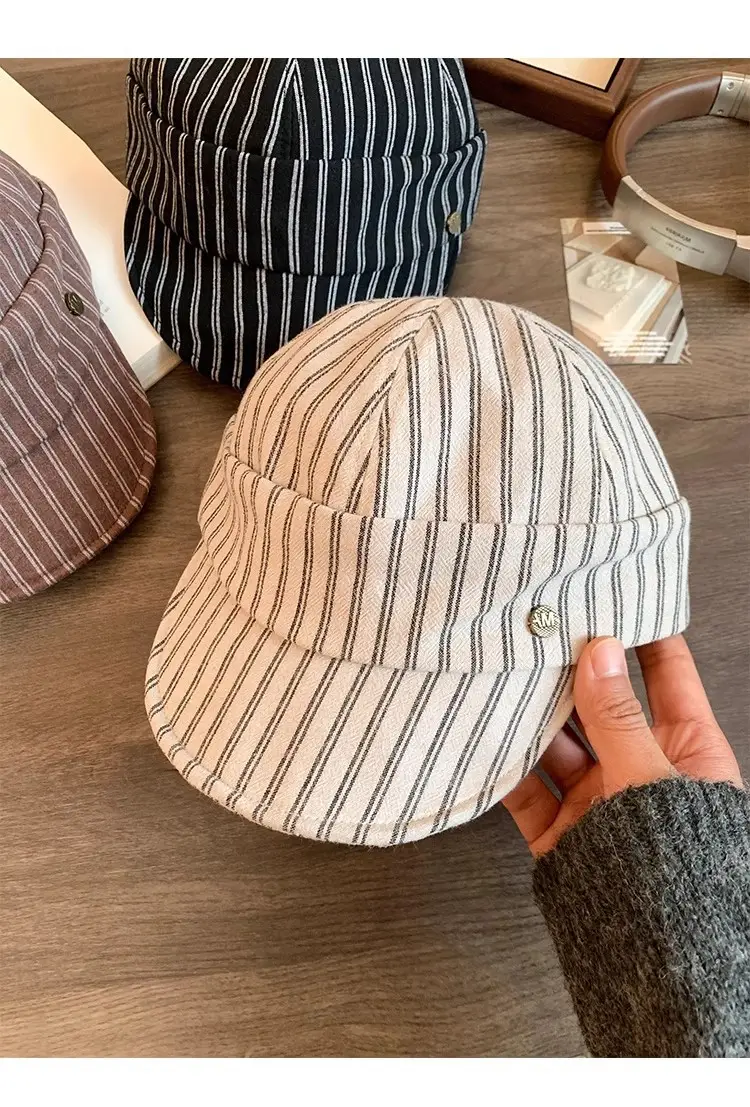 Women Japanese Retro Linen Duckbill Cap Brown Striped — feature 15