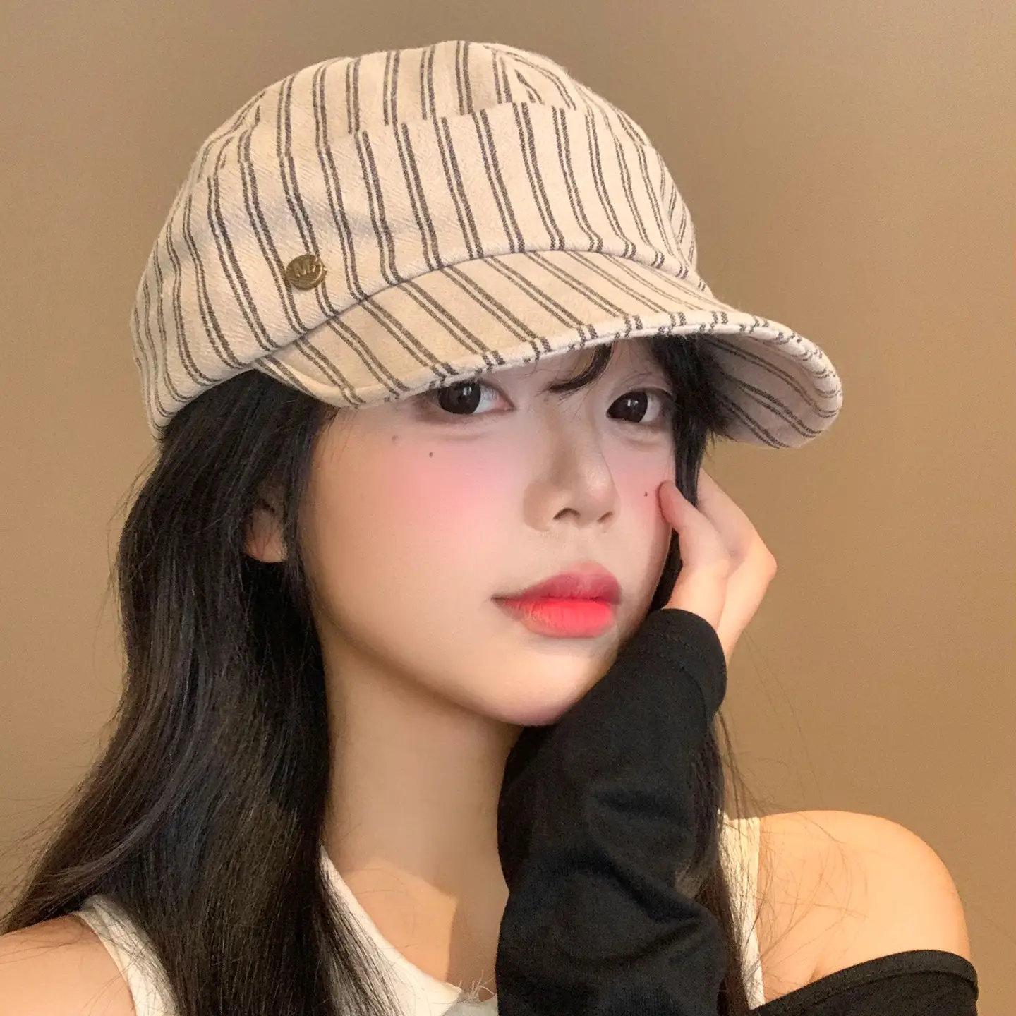 Women Japanese Retro Linen Duckbill Cap Brown Striped - Image 2