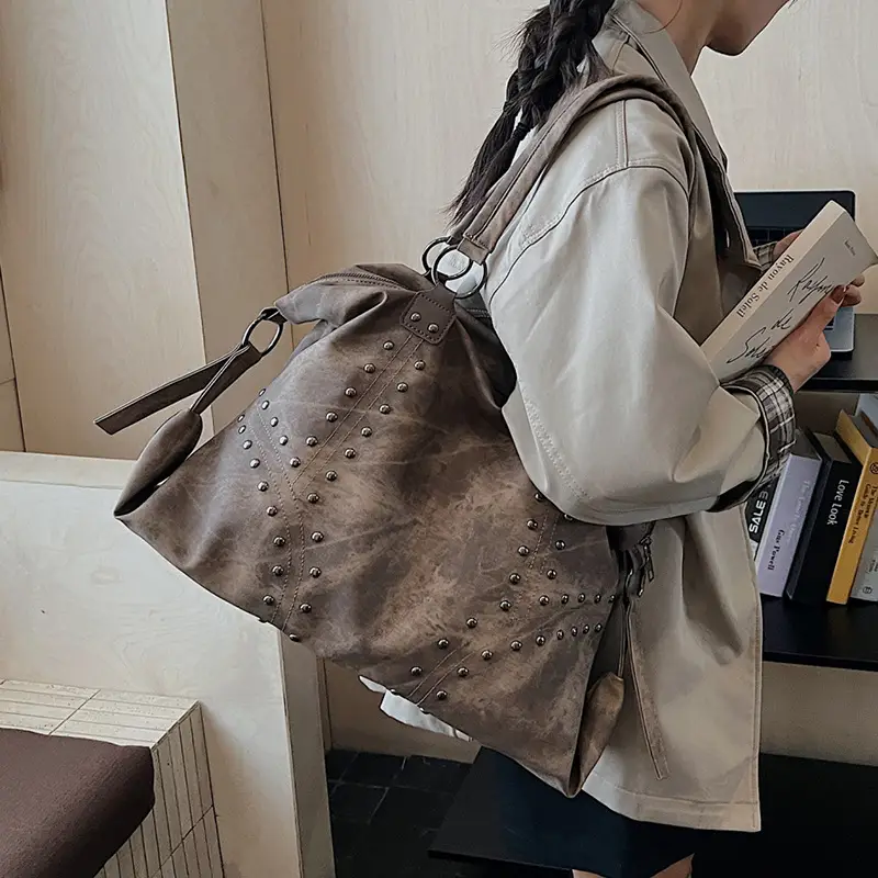 Women Rivet Bag Large Capacity Satchel Commuter Tote - Image 6