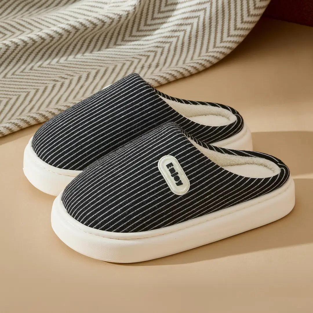 Striped Cotton Slippers for Men in Autumn and Winter New Style Indoor Home Non-Slip Thick Sole Fleece-Lined Warm High-End Couple Cotton Slippers - Image 16
