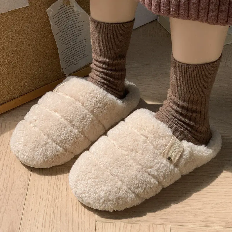 Mingsheng Cotton Slippers for Women at Home, Warm Thick Soles That Feel Like Stepping on Shit, 2025 Autumn and Winter New Furry Slippers for Men