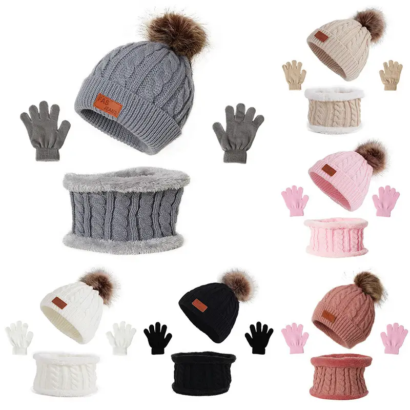 Cross-Border European and American Children's Hats, Scarves and Gloves Three-Piece Set Autumn and Winter New Single Ball Baby Hat