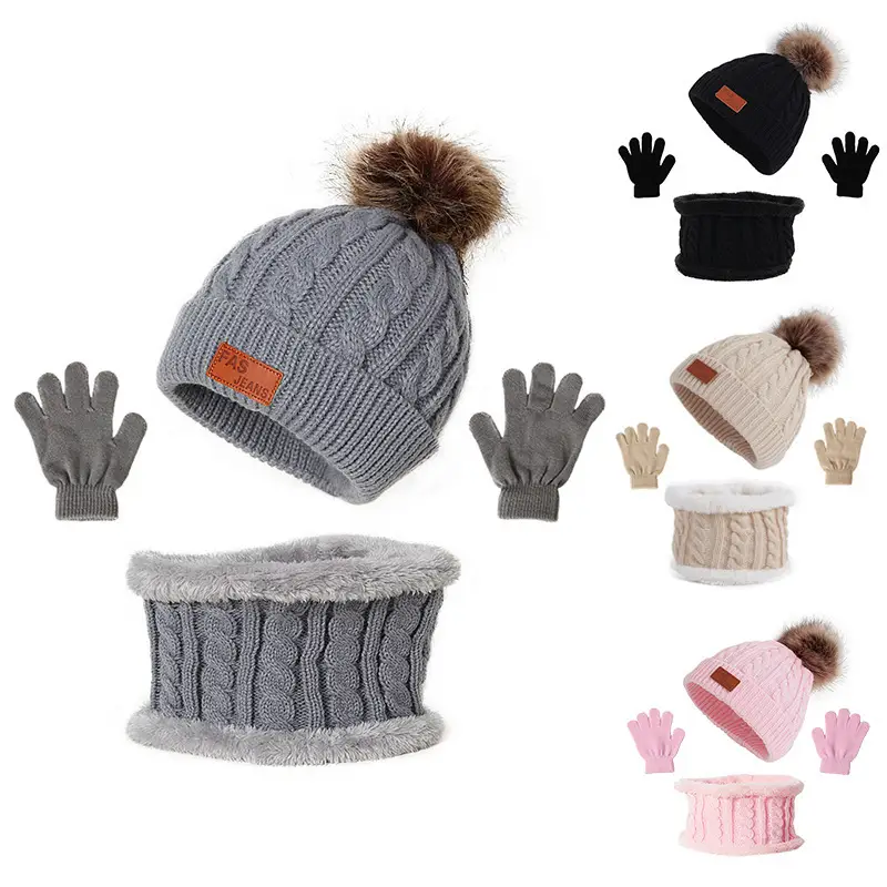 Cross-Border European and American Children's Hats, Scarves and Gloves Three-Piece Set Autumn and Winter New Single Ball Baby Hat