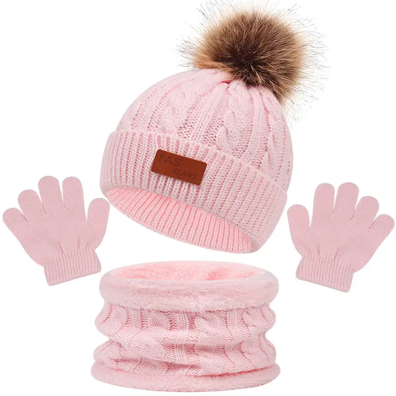 Cross-Border European and American Children's Hats, Scarves and Gloves Three-Piece Set Autumn and Winter New Single Ball Baby Hat