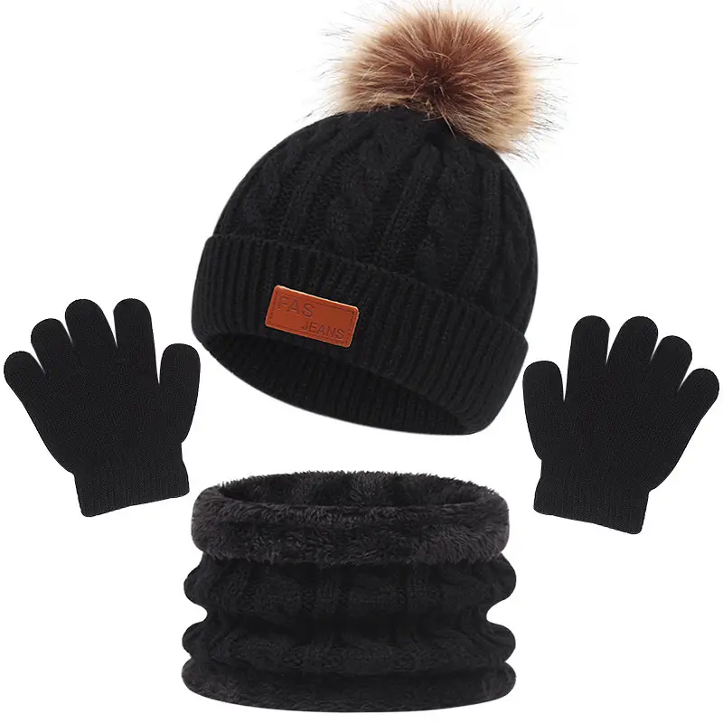Cross-Border European and American Children's Hats, Scarves and Gloves Three-Piece Set Autumn and Winter New Single Ball Baby Hat