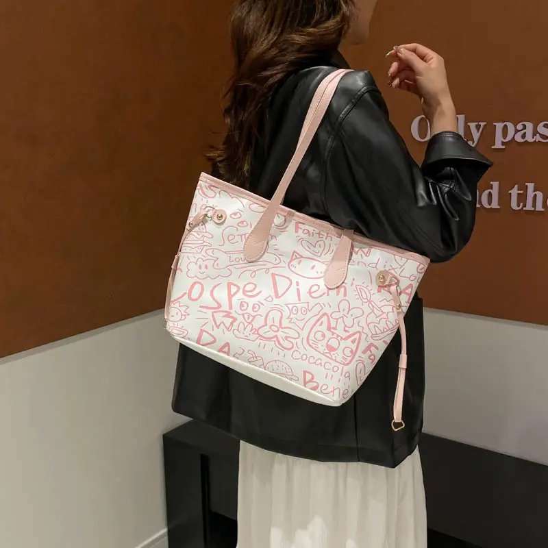 Graffiti Print One Shoulder Tote Bag Black White Large Capacity - Image 5