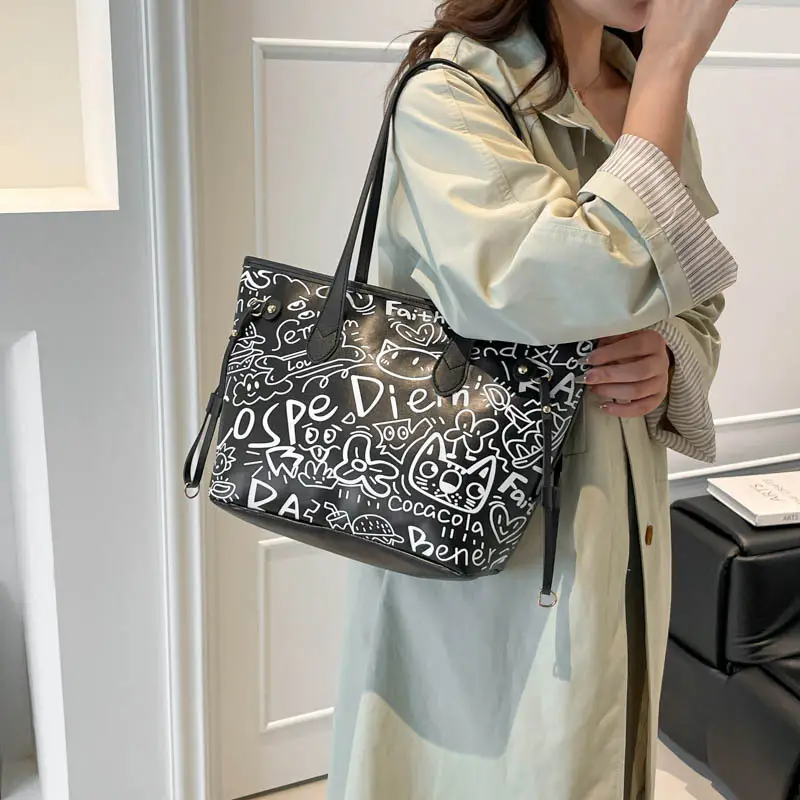 Graffiti Print One Shoulder Tote Bag Black White Large Capacity - Image 6