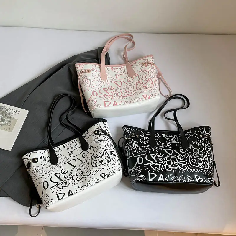 Graffiti Print One Shoulder Tote Bag Black White Large Capacity - Image 7