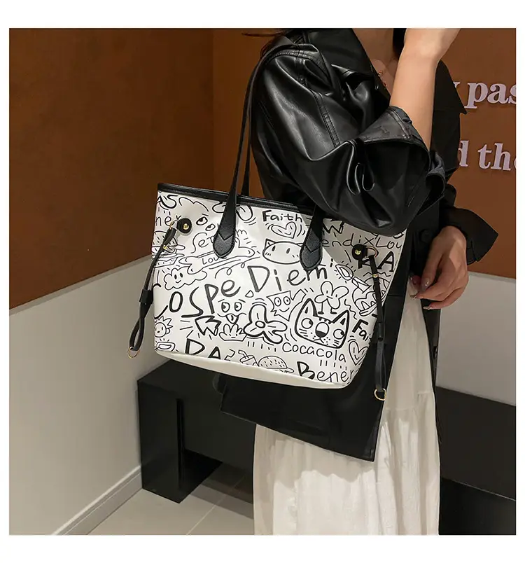 Graffiti Print One Shoulder Tote Bag Black White Large Capacity — feature 10