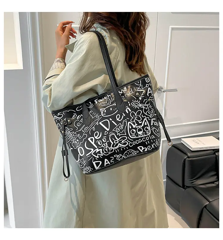 Graffiti Print One Shoulder Tote Bag Black White Large Capacity — feature 14