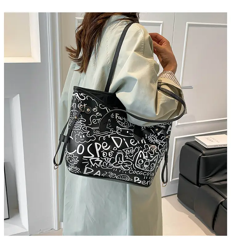 Graffiti Print One Shoulder Tote Bag Black White Large Capacity — feature 15