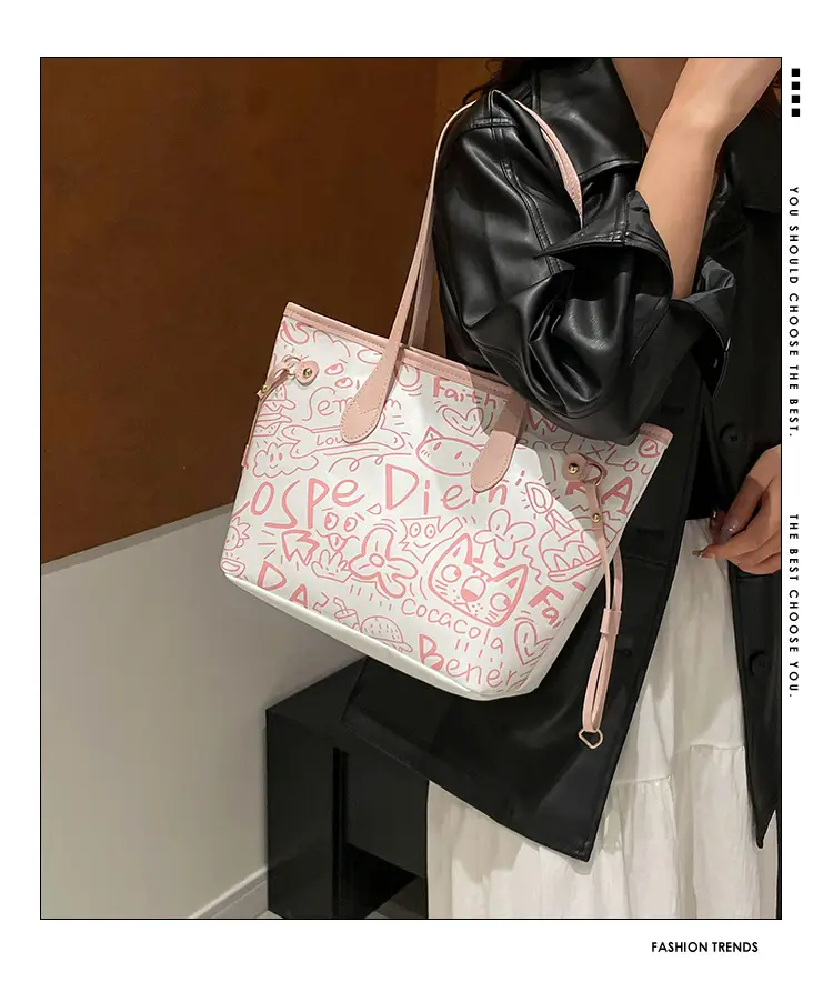 Graffiti Print One Shoulder Tote Bag Black White Large Capacity — feature 2