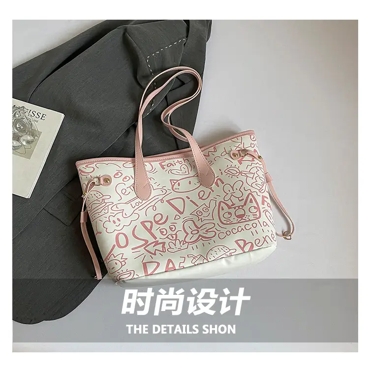 Graffiti Print One Shoulder Tote Bag Black White Large Capacity — feature 4
